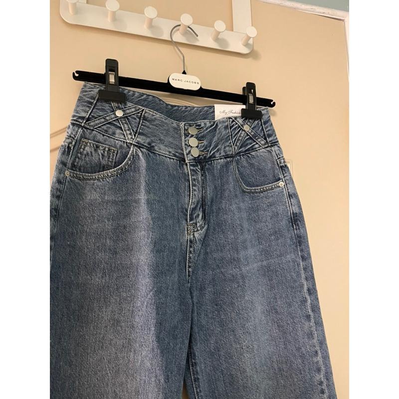 ［全新］經典款淺藍色高腰三顆釦寬鬆直筒柔軟純棉無彈性修身牛仔褲L號韓國女團new jeans-細節圖2