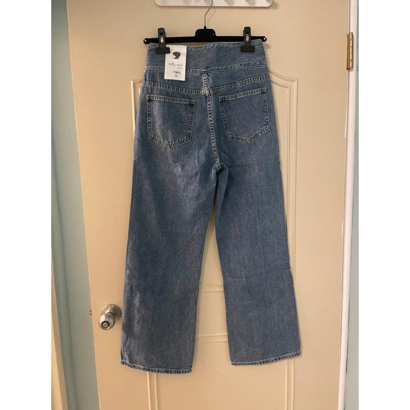 ［全新］經典款淺藍色高腰三顆釦寬鬆直筒柔軟純棉無彈性修身牛仔褲L號韓國女團new jeans-細節圖3