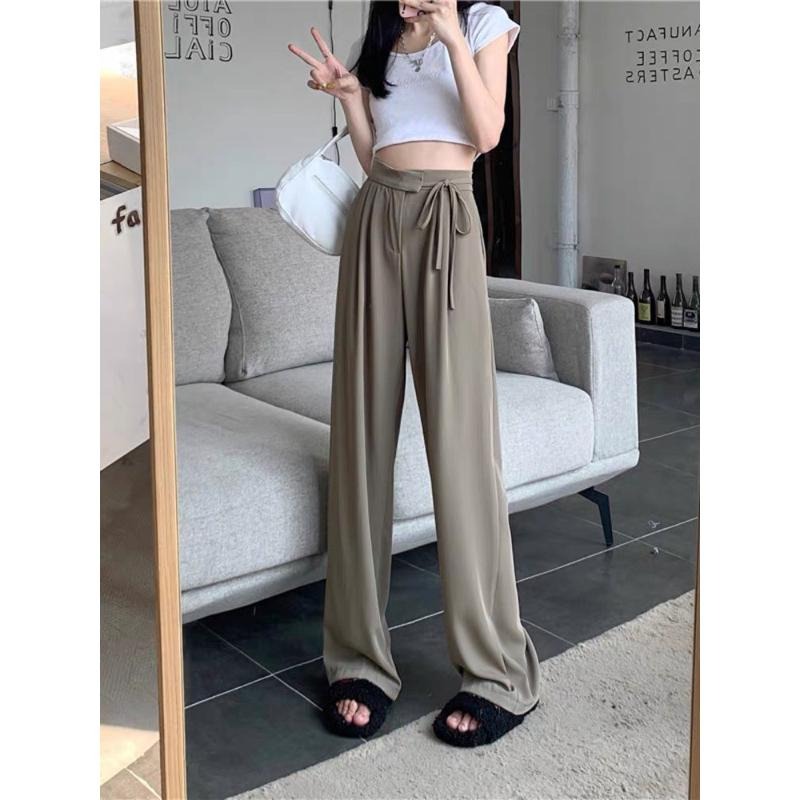 [全新］春夏新款高腰系帶顯瘦直筒長褲經典百搭休閒褲咖啡卡其色西裝褲闊腿褲L號涼感飄逸垂墜感雪紡小資女上班上學-細節圖2