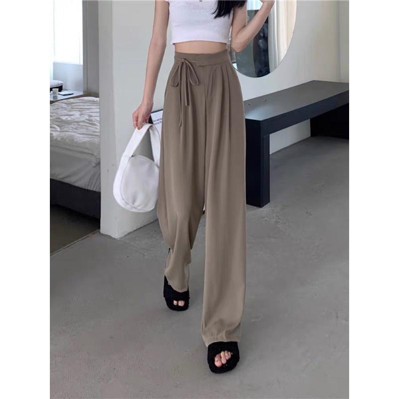[全新］春夏新款高腰系帶顯瘦直筒長褲經典百搭休閒褲咖啡卡其色西裝褲闊腿褲L號涼感飄逸垂墜感雪紡小資女上班上學-細節圖3