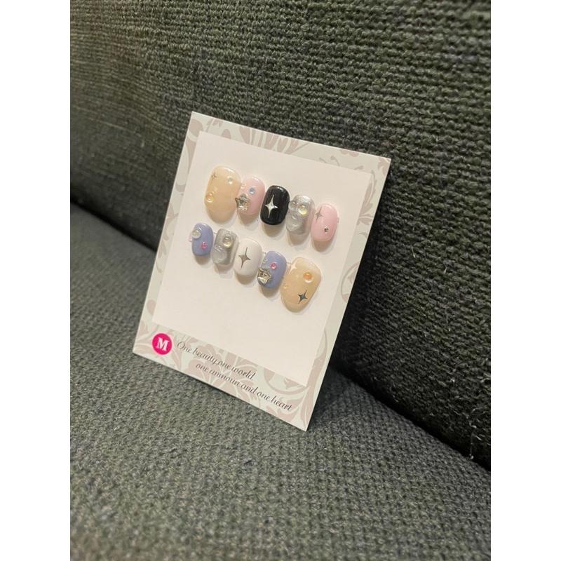 [全新現貨］星星冰淇淋清新奶油藍黃色美甲跳色可爱甜酷穿戴甲片穿戴式美甲m號短甲短方圓-細節圖3