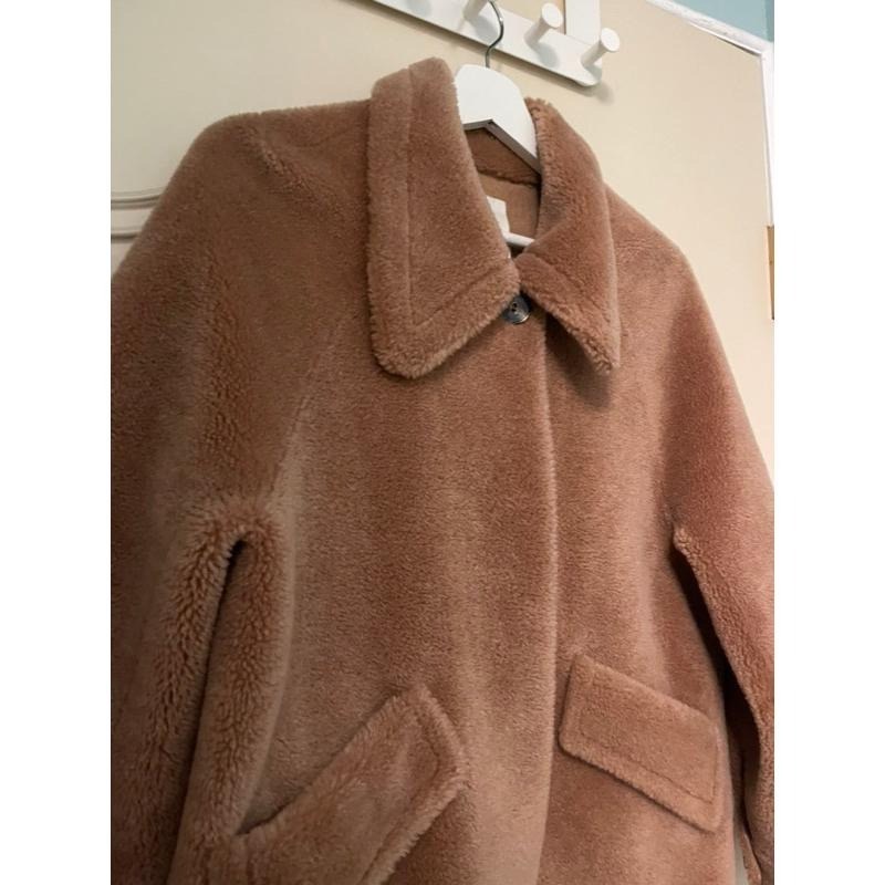 ［二手］網紅金蘑菇菇品牌皮毛一體咖啡色泰迪熊有領毛毛短大衣皮草外套XS號-細節圖7
