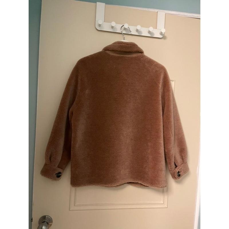 ［二手］網紅金蘑菇菇品牌皮毛一體咖啡色泰迪熊有領毛毛短大衣皮草外套XS號-細節圖8