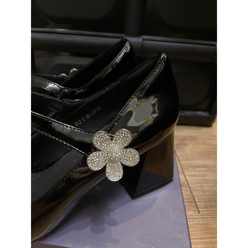 [全新］韓系小香風牛皮真皮黑白配色牛漆皮高跟粗跟水鑽花朵瑪莉珍娃娃鞋24cm 38號氣質經典韓國miu miu 風格-細節圖2