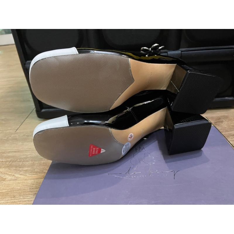 [全新］韓系小香風牛皮真皮黑白配色牛漆皮高跟粗跟水鑽花朵瑪莉珍娃娃鞋24cm 38號氣質經典韓國miu miu 風格-細節圖5