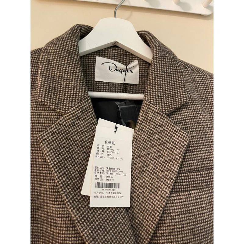 ［全新］Dagass咖啡色細格千鳥格毛呢西裝外套 經典基本款雙排扣 XL號polylulu 風格-細節圖2