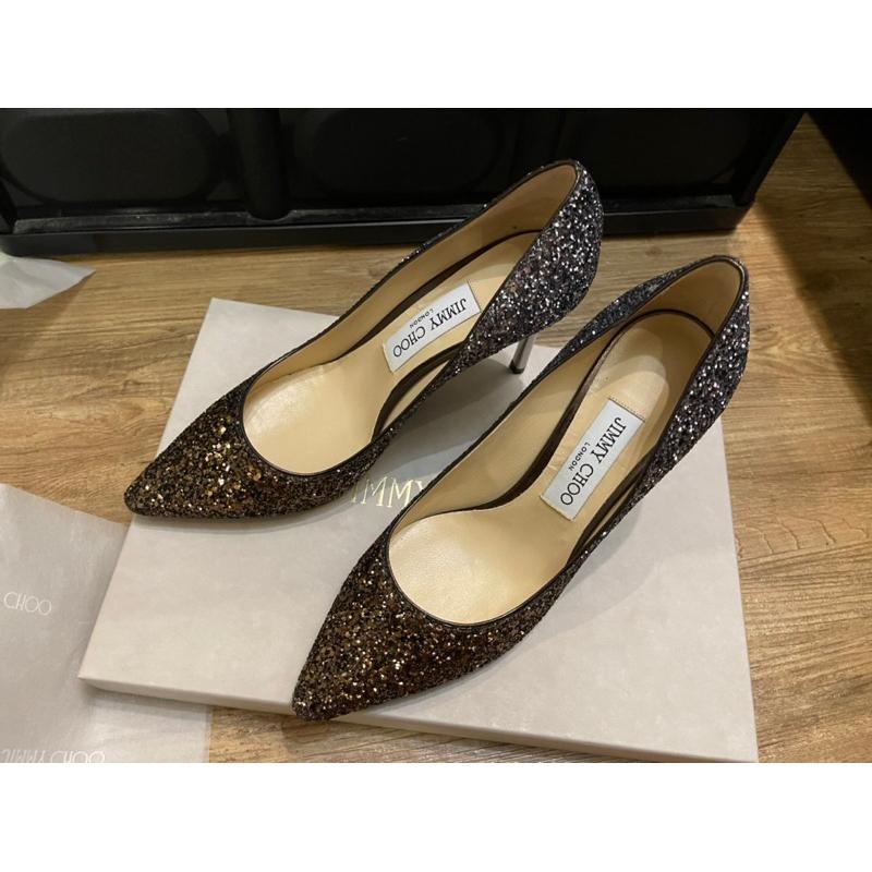 [全新］正品Jimmy Choo亮片咖啡棕銅漸變炭灰色金屬高跟鞋 Romy 85 37.5號高級經典不敗婚鞋晚宴鞋-細節圖3