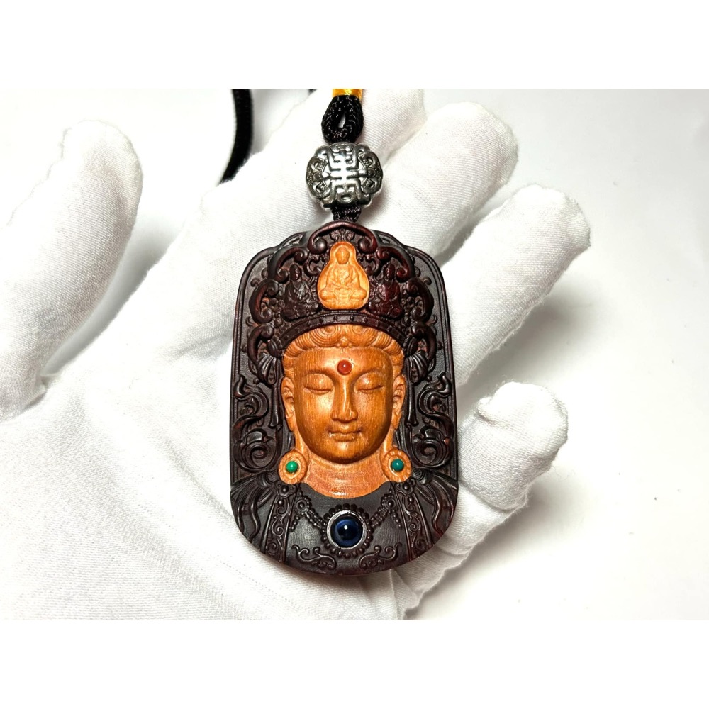 ★犀角紫檀鑲新山檀觀音雙面無事牌吊墜#0082-細節圖2