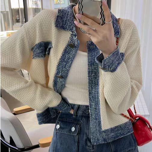 25春。韓系復古翻領拼接設計開襟短款針織外套上衣+高腰包臀口袋設計短褲-Euphoria Store-細節圖2