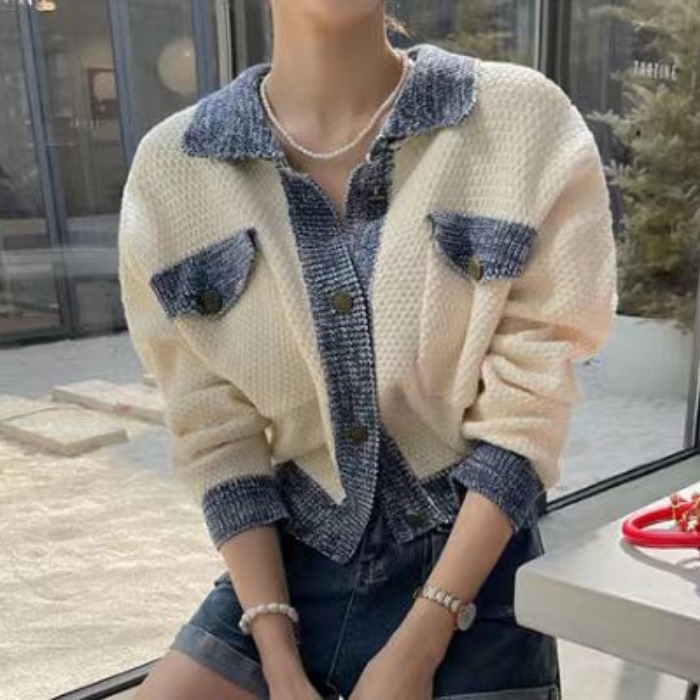 25春。韓系復古翻領拼接設計開襟短款針織外套上衣+高腰包臀口袋設計短褲-Euphoria Store-細節圖3