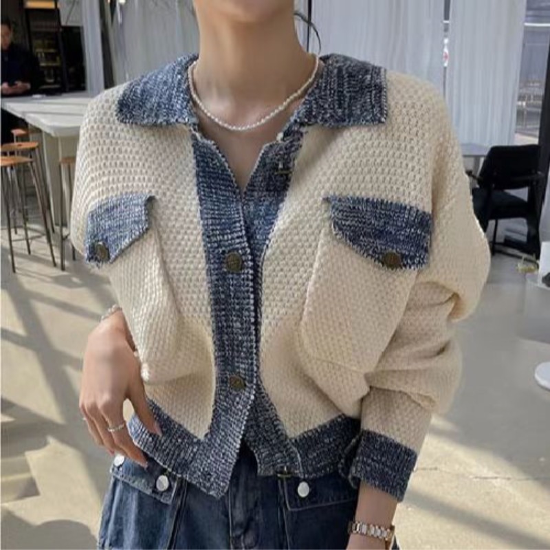 25春。韓系復古翻領拼接設計開襟短款針織外套上衣+高腰包臀口袋設計短褲-Euphoria Store-細節圖4