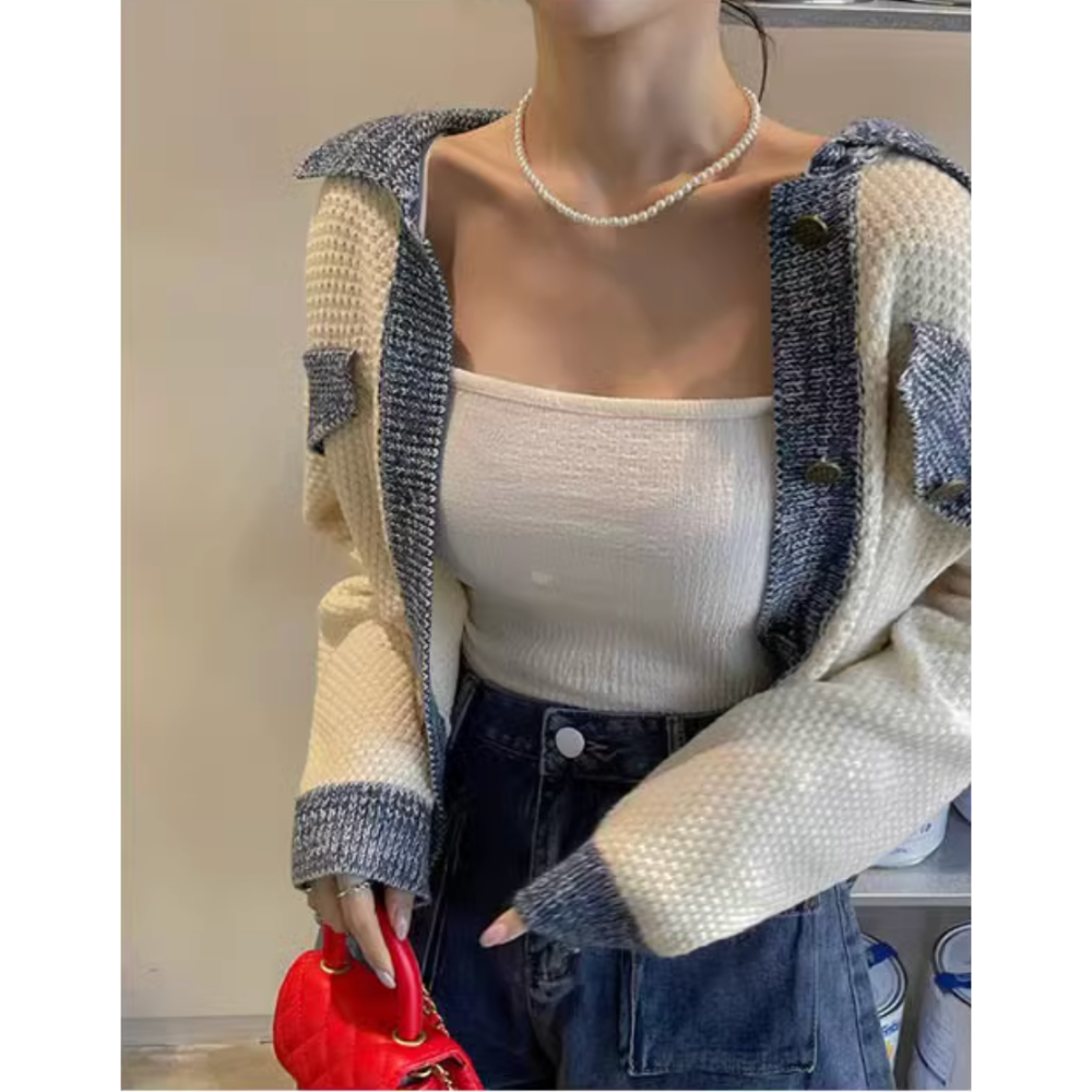 25春。韓系復古翻領拼接設計開襟短款針織外套上衣+高腰包臀口袋設計短褲-Euphoria Store-細節圖5