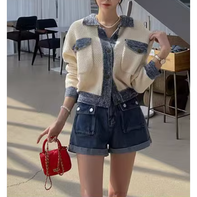 25春。韓系復古翻領拼接設計開襟短款針織外套上衣+高腰包臀口袋設計短褲-Euphoria Store-細節圖6