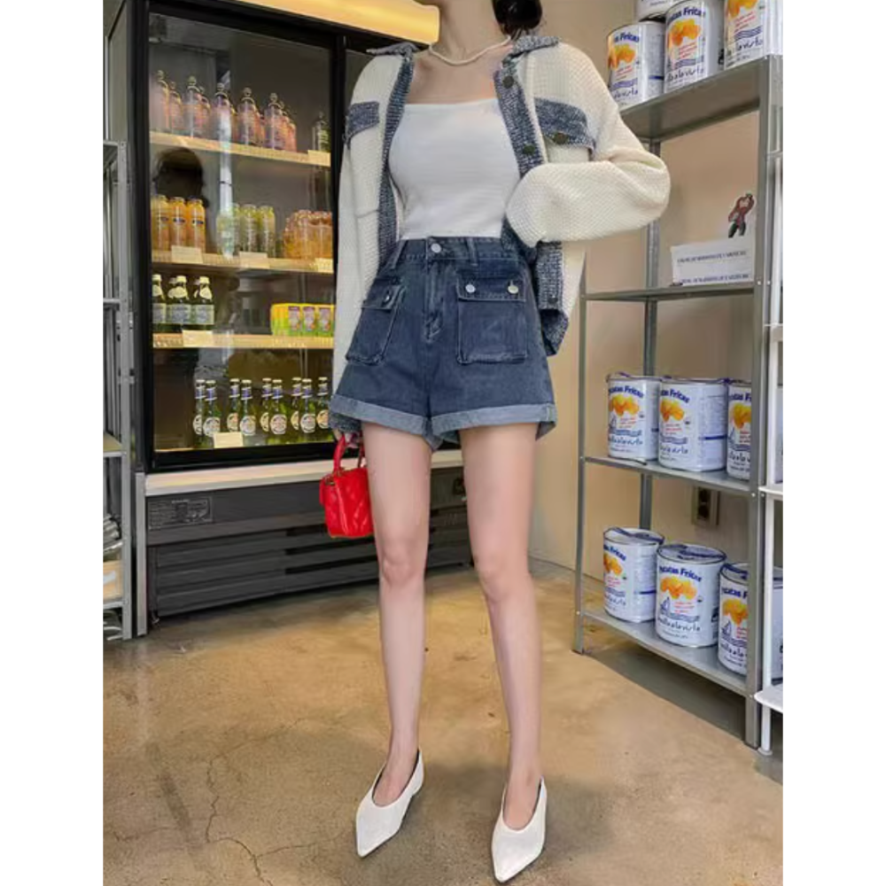 25春。韓系復古翻領拼接設計開襟短款針織外套上衣+高腰包臀口袋設計短褲-Euphoria Store-細節圖7