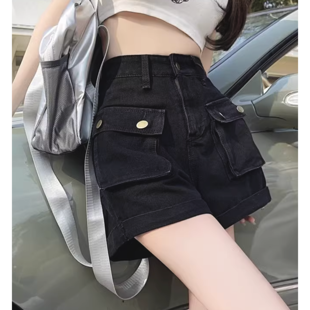 25春。韓系復古翻領拼接設計開襟短款針織外套上衣+高腰包臀口袋設計短褲-Euphoria Store-細節圖8