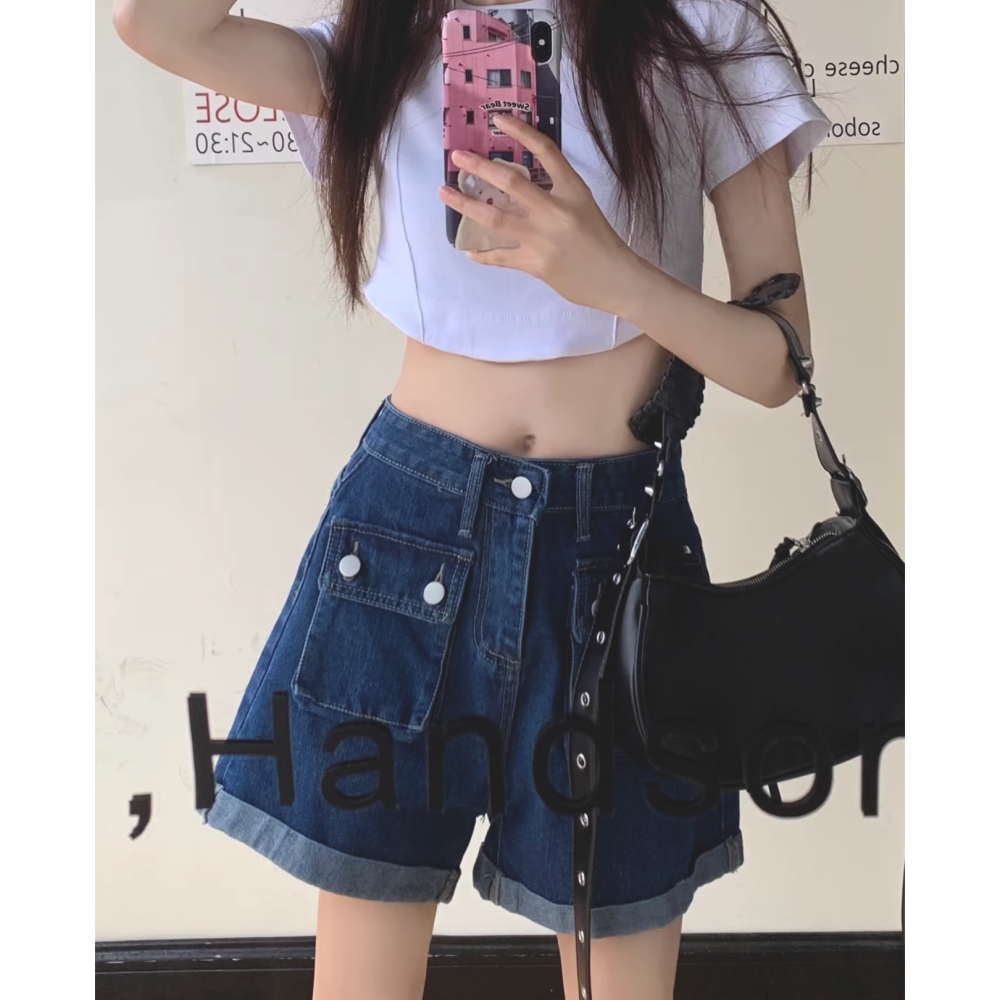 25春。韓系復古翻領拼接設計開襟短款針織外套上衣+高腰包臀口袋設計短褲-Euphoria Store-細節圖11