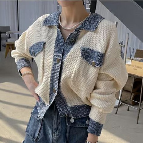 25春。韓系復古翻領拼接設計開襟短款針織外套上衣+高腰包臀口袋設計短褲-Euphoria Store-規格圖11