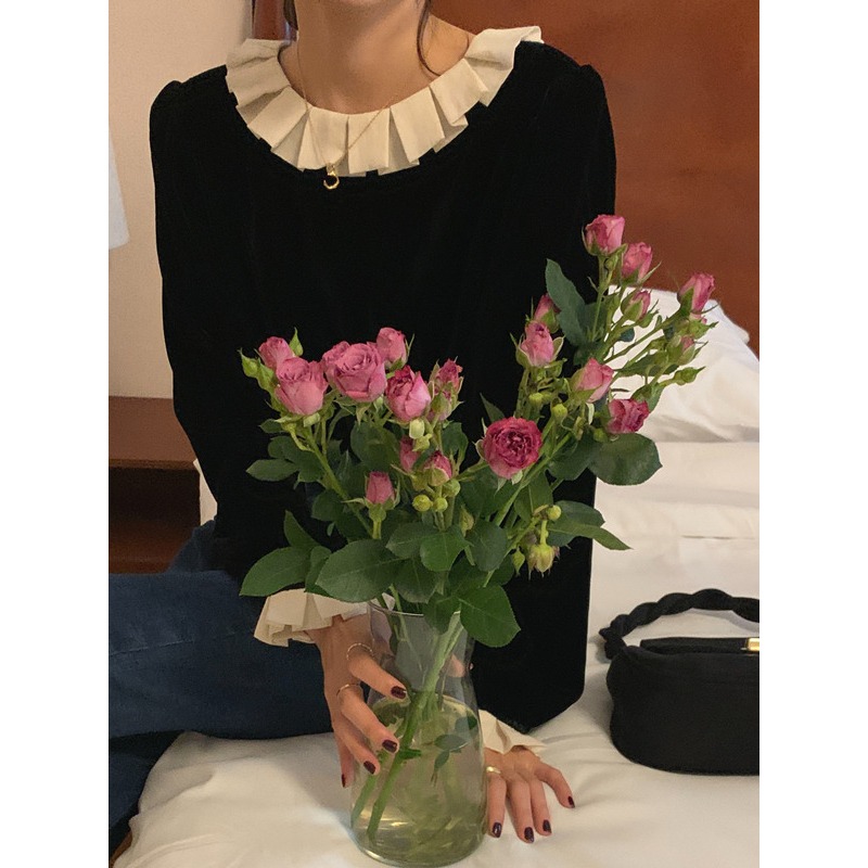 25春。韓國chic 氣質千金系 小眾設計 百褶荷葉邊 後背單排扣 長袖金絲絨襯衫T恤上衣-Euphoria Stor-細節圖2