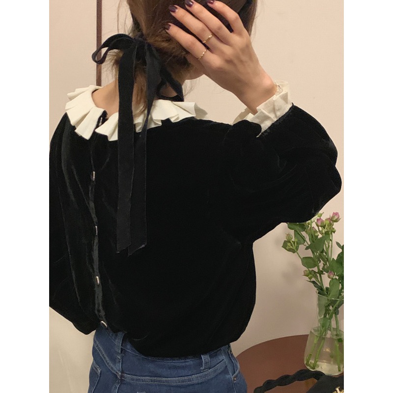 25春。韓國chic 氣質千金系 小眾設計 百褶荷葉邊 後背單排扣 長袖金絲絨襯衫T恤上衣-Euphoria Stor-細節圖3