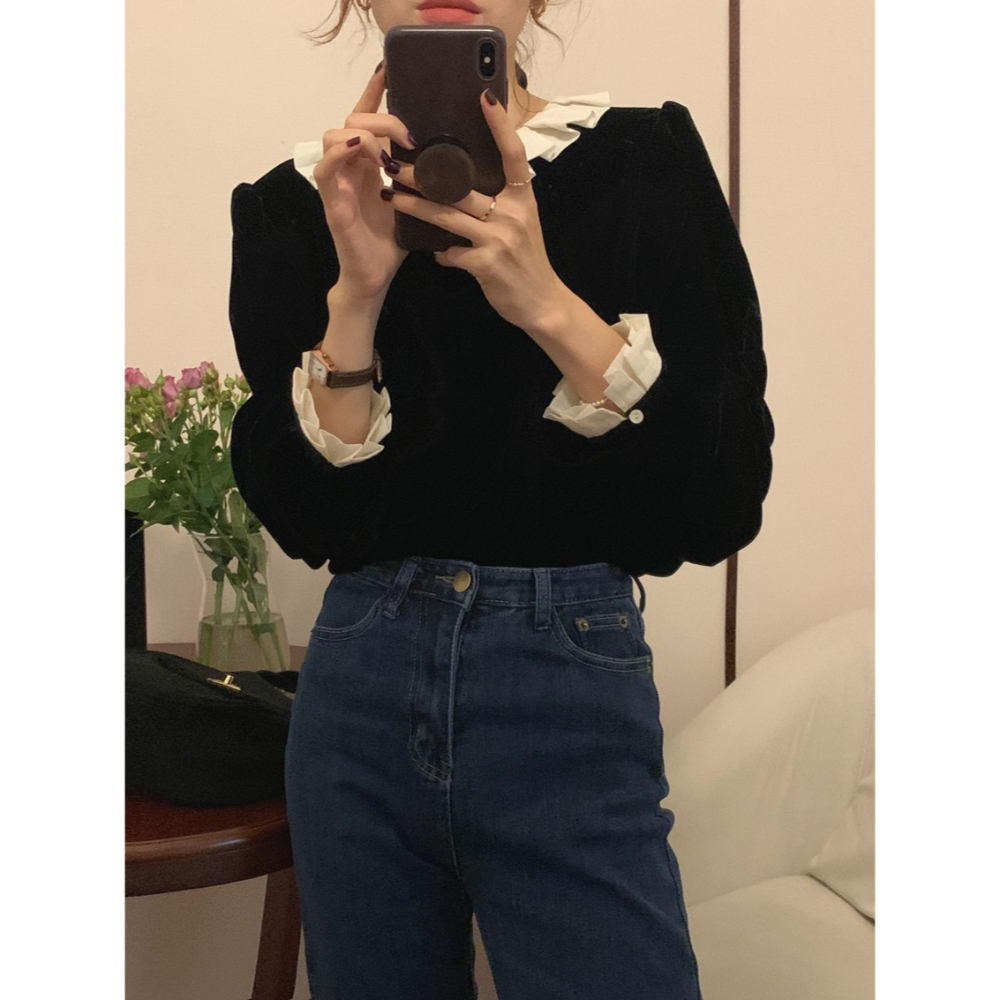 25春。韓國chic 氣質千金系 小眾設計 百褶荷葉邊 後背單排扣 長袖金絲絨襯衫T恤上衣-Euphoria Stor-細節圖4