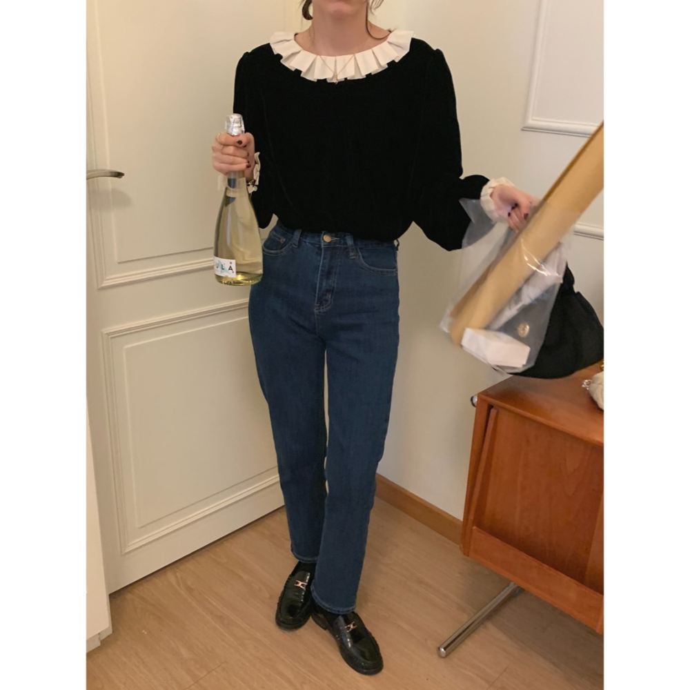 25春。韓國chic 氣質千金系 小眾設計 百褶荷葉邊 後背單排扣 長袖金絲絨襯衫T恤上衣-Euphoria Stor-細節圖5