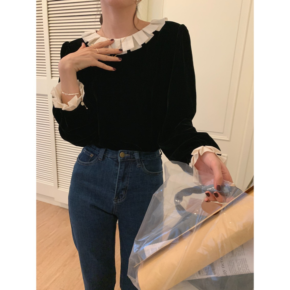 25春。韓國chic 氣質千金系 小眾設計 百褶荷葉邊 後背單排扣 長袖金絲絨襯衫T恤上衣-Euphoria Stor-細節圖8