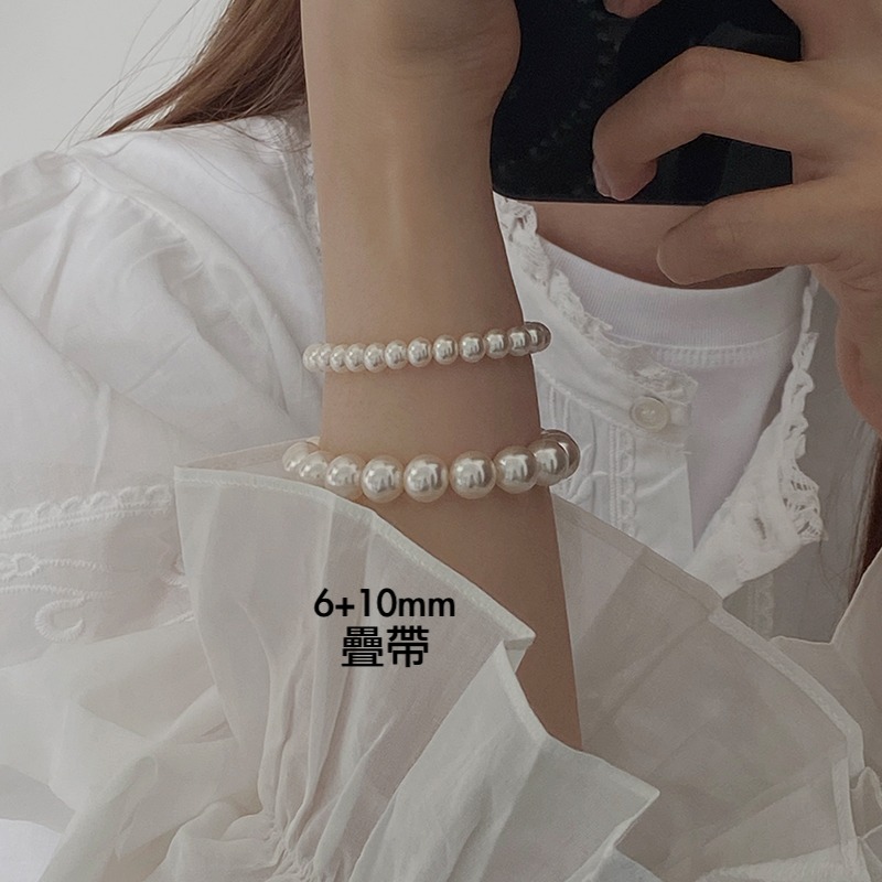原創手作。法式精緻氣質必備 多尺寸疊戴敲美正圓施家珍珠彈力手鏈- Euphoria Store-細節圖4