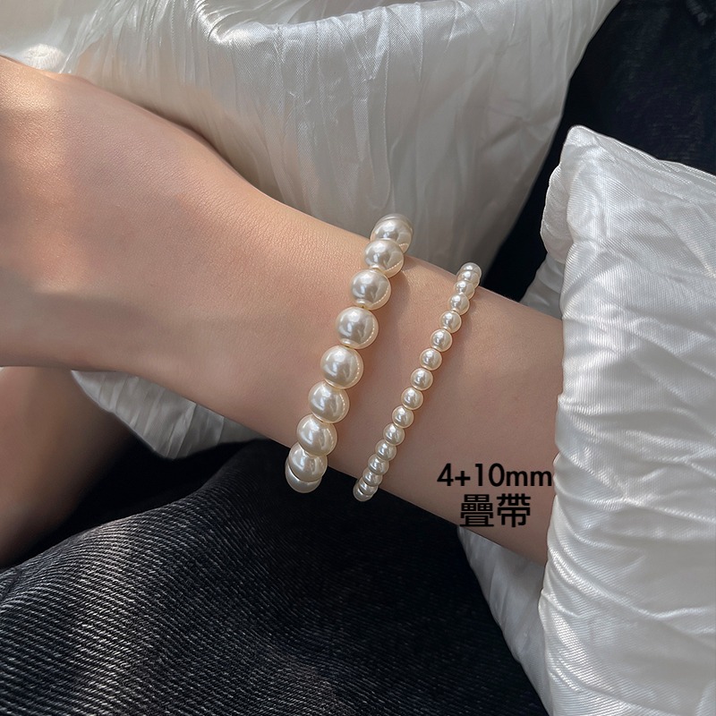 原創手作。法式精緻氣質必備 多尺寸疊戴敲美正圓施家珍珠彈力手鏈- Euphoria Store-細節圖5