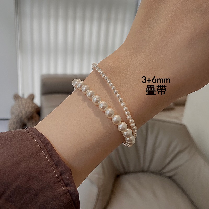 原創手作。法式精緻氣質必備 多尺寸疊戴敲美正圓施家珍珠彈力手鏈- Euphoria Store-細節圖6