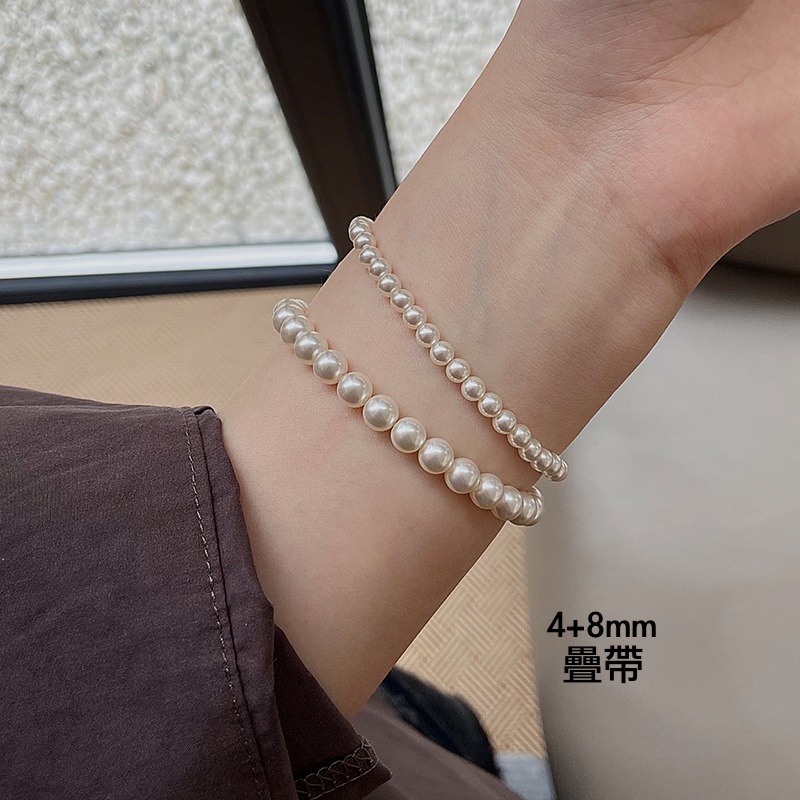 原創手作。法式精緻氣質必備 多尺寸疊戴敲美正圓施家珍珠彈力手鏈- Euphoria Store-細節圖7