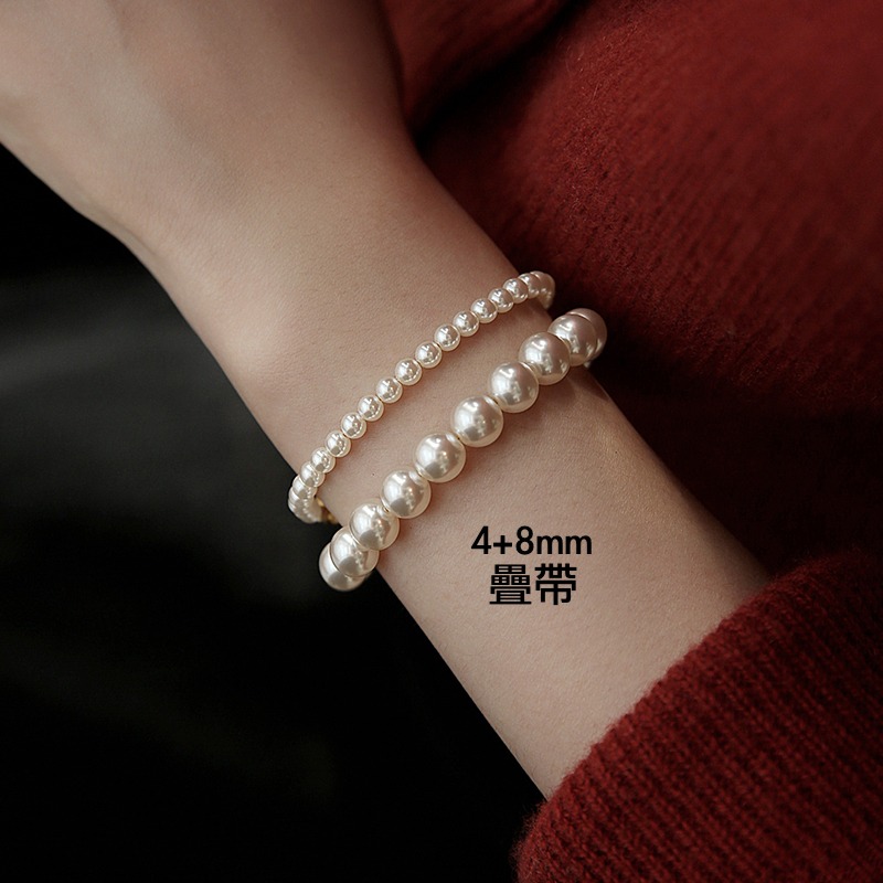 原創手作。法式精緻氣質必備 多尺寸疊戴敲美正圓施家珍珠彈力手鏈- Euphoria Store-細節圖9