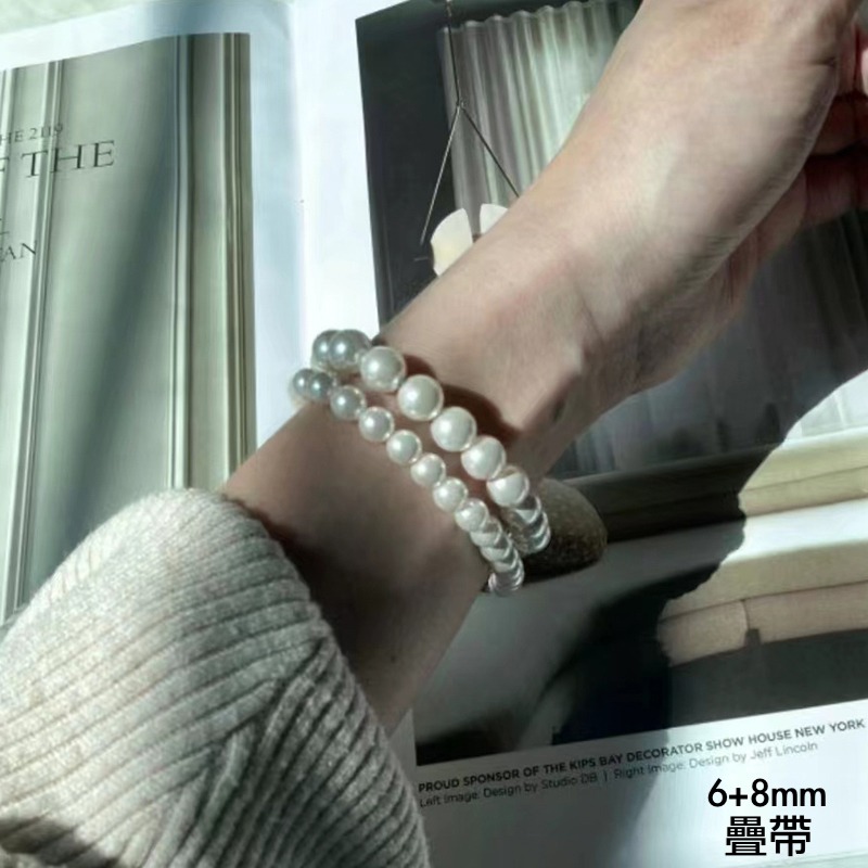 原創手作。法式精緻氣質必備 多尺寸疊戴敲美正圓施家珍珠彈力手鏈- Euphoria Store-細節圖10