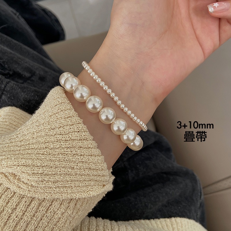 原創手作。法式精緻氣質必備 多尺寸疊戴敲美正圓施家珍珠彈力手鏈- Euphoria Store-細節圖11