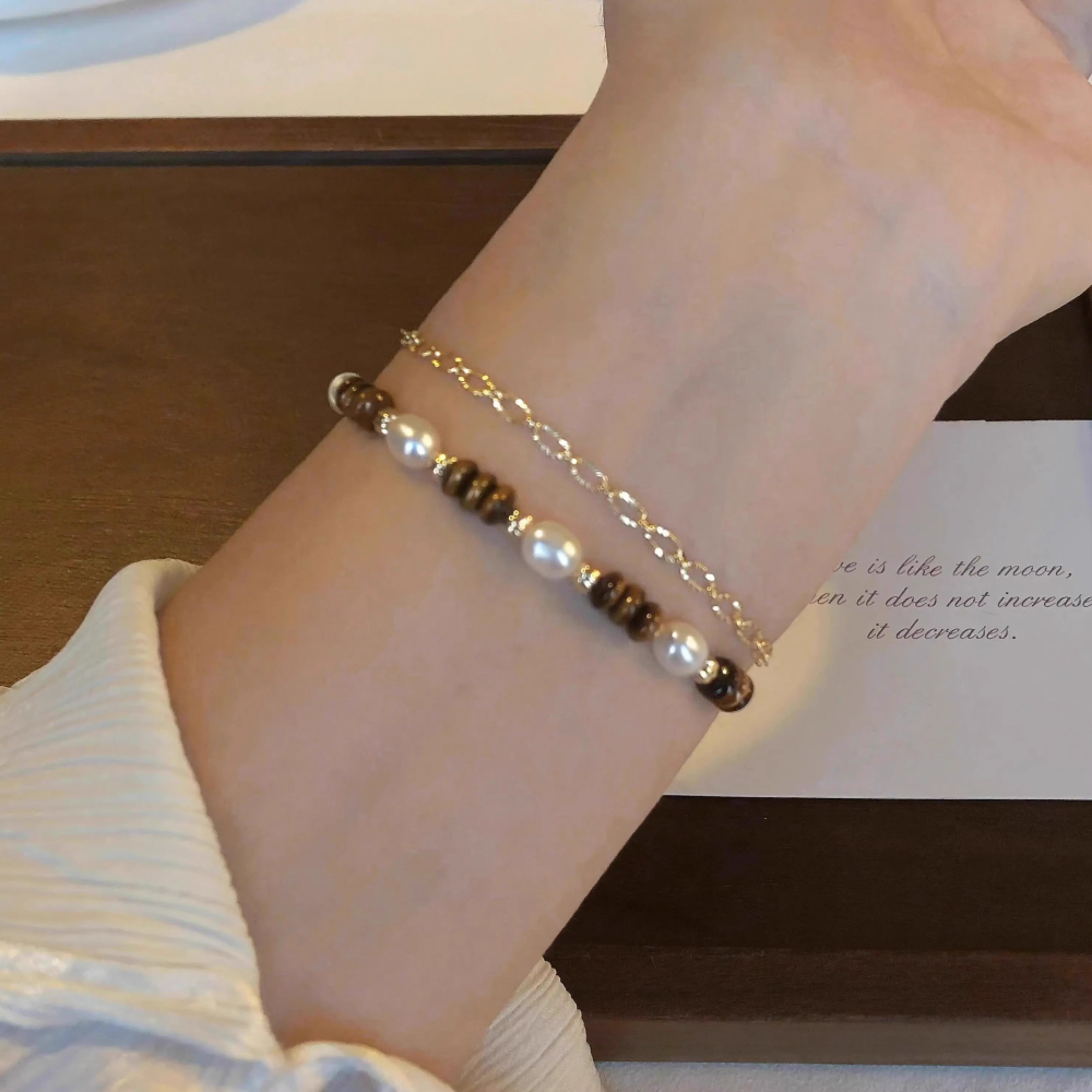 原創手作。精緻輕奢風 招財橢圓黃虎眼石vs淡水珍珠彈力手鏈-Euphoria Store-細節圖2