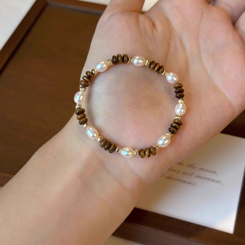 原創手作。精緻輕奢風 招財橢圓黃虎眼石vs淡水珍珠彈力手鏈-Euphoria Store-細節圖3