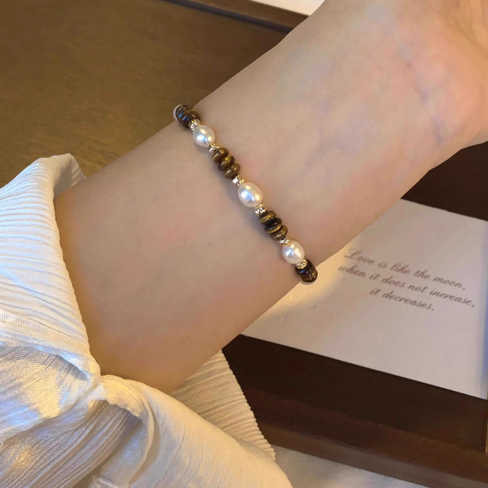 原創手作。精緻輕奢風 招財橢圓黃虎眼石vs淡水珍珠彈力手鏈-Euphoria Store-細節圖4