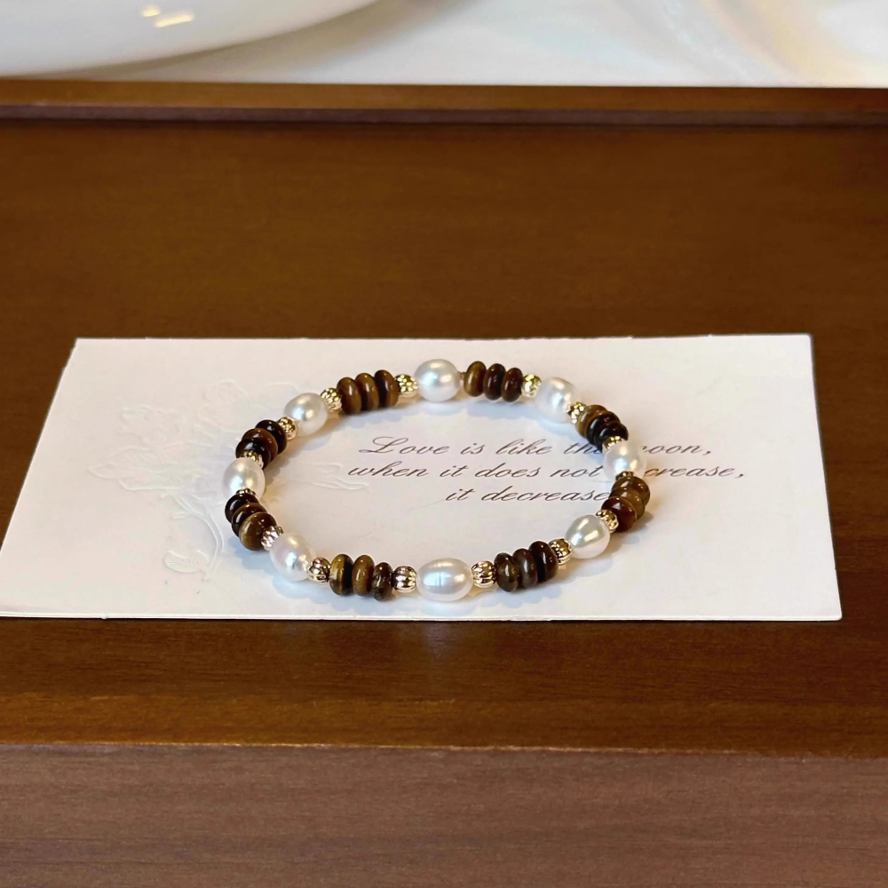 原創手作。精緻輕奢風 招財橢圓黃虎眼石vs淡水珍珠彈力手鏈-Euphoria Store-細節圖5