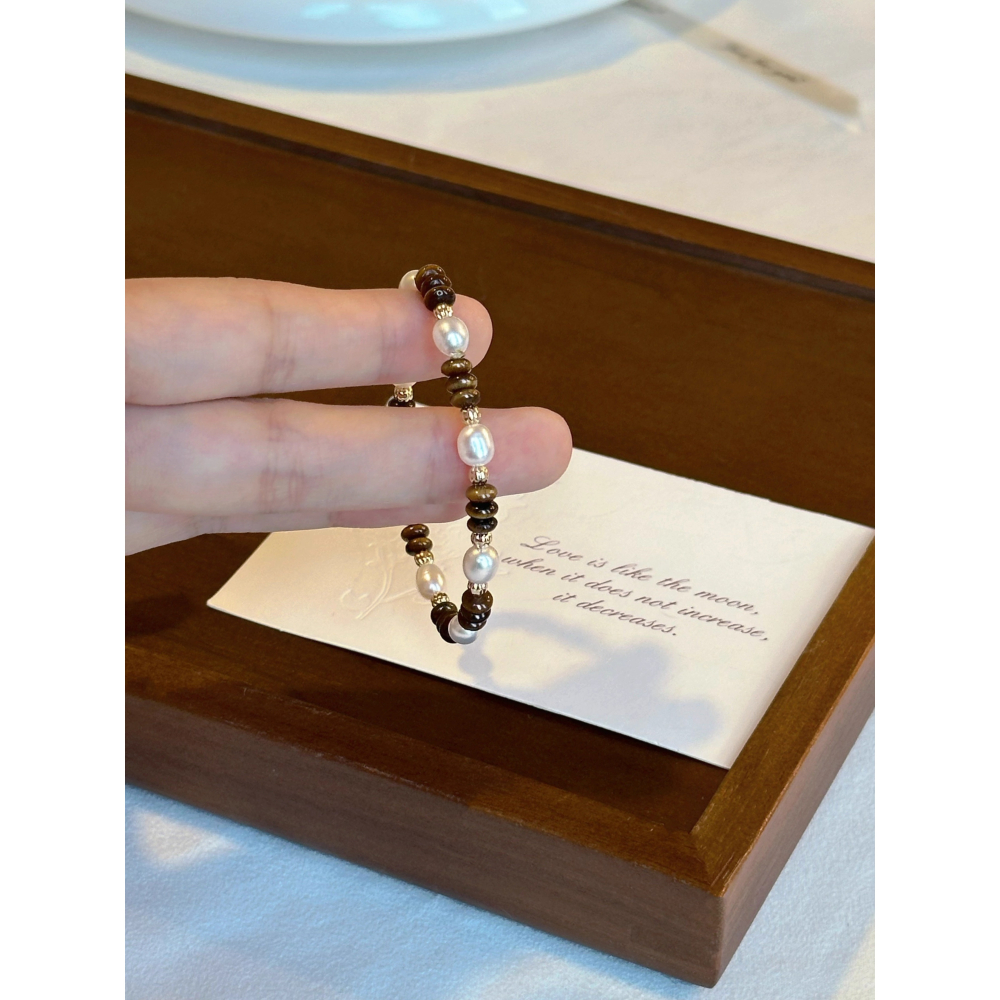 原創手作。精緻輕奢風 招財橢圓黃虎眼石vs淡水珍珠彈力手鏈-Euphoria Store-細節圖7