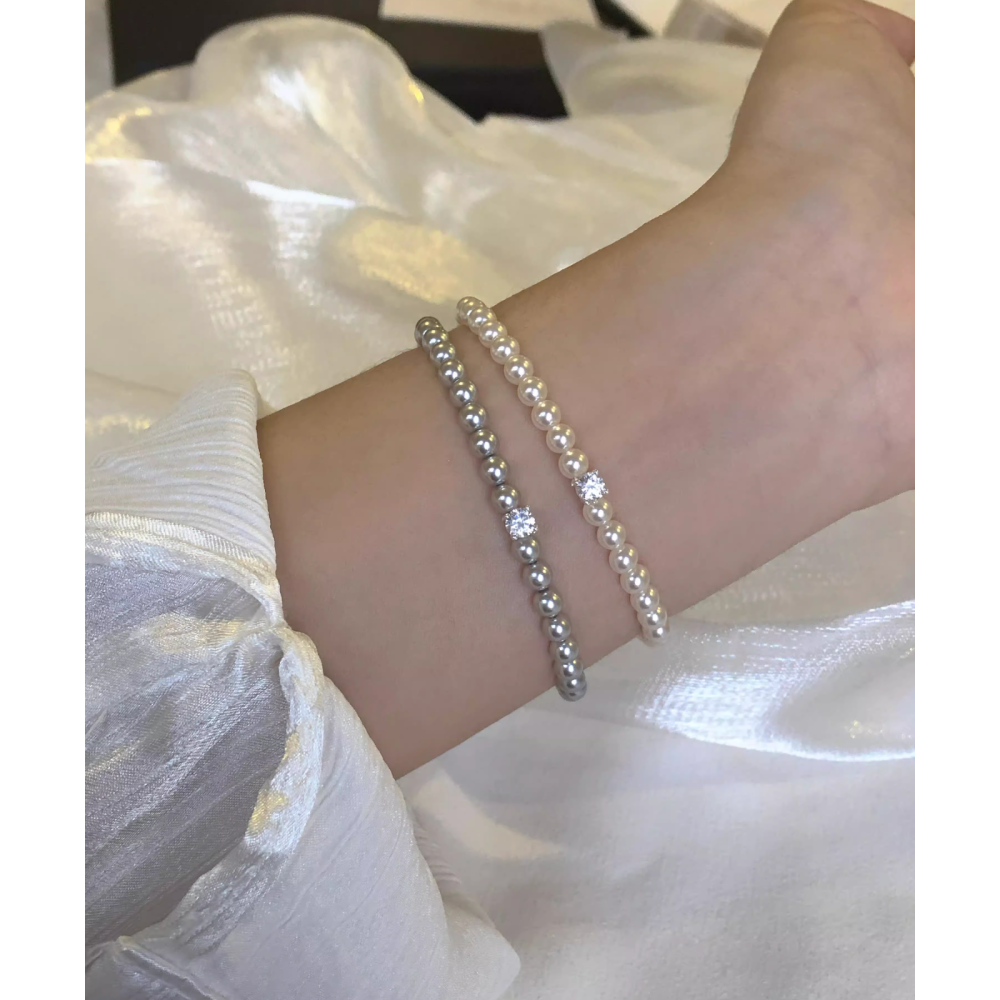 原創手作。簡約氣質必備 百搭爆閃方糖鑽石正圓施家珍珠彈力手鏈-Euphoria Store-細節圖2