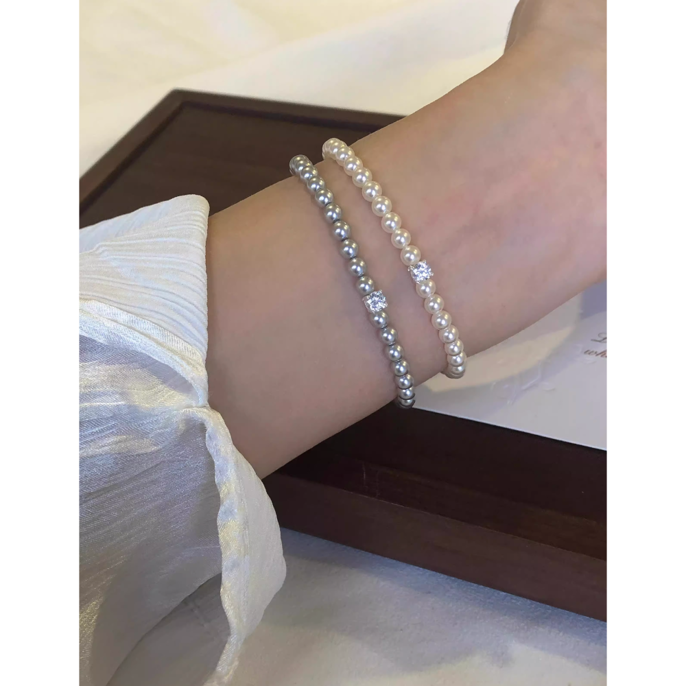 原創手作。簡約氣質必備 百搭爆閃方糖鑽石正圓施家珍珠彈力手鏈-Euphoria Store-細節圖3