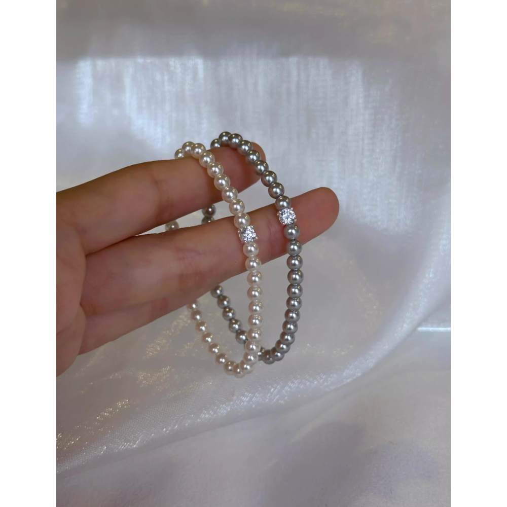 原創手作。簡約氣質必備 百搭爆閃方糖鑽石正圓施家珍珠彈力手鏈-Euphoria Store-細節圖4