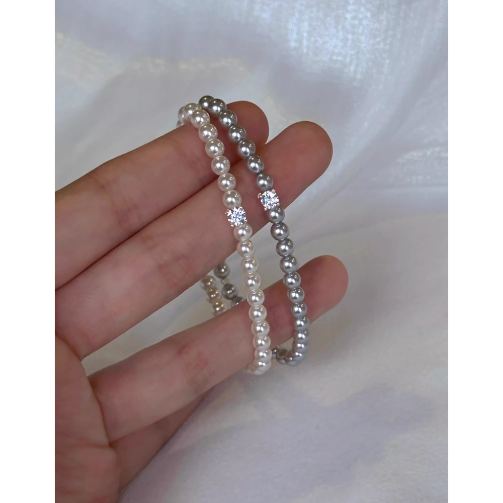 原創手作。簡約氣質必備 百搭爆閃方糖鑽石正圓施家珍珠彈力手鏈-Euphoria Store-細節圖7