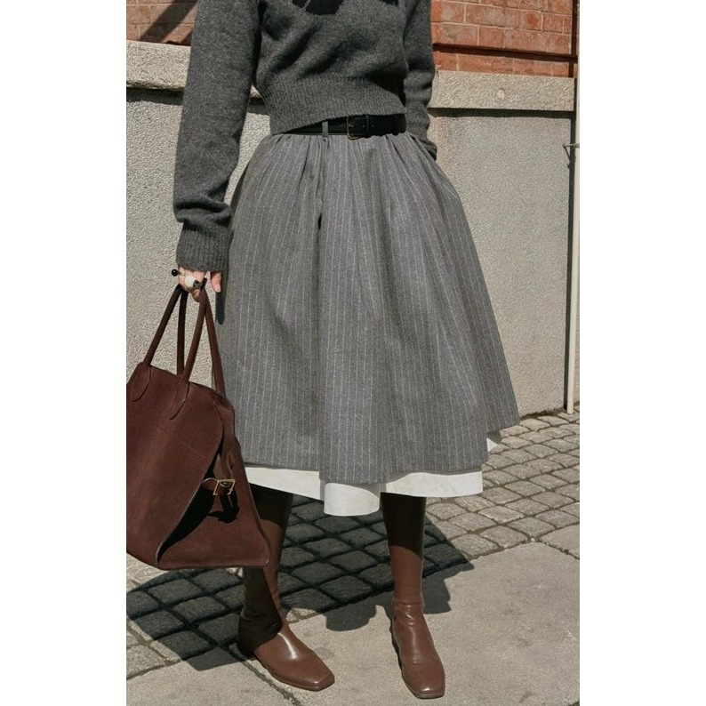 25春。法式赫本風 復古文藝撞色條紋 雙層拼接中長款高腰半身裙傘裙-Euphoria Store-細節圖2