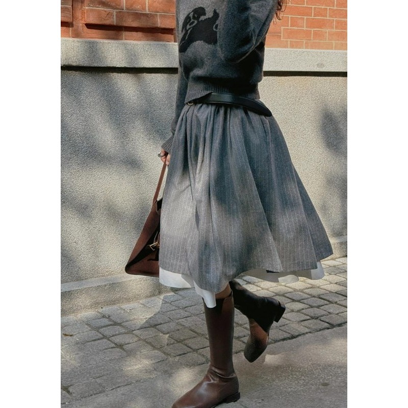 25春。法式赫本風 復古文藝撞色條紋 雙層拼接中長款高腰半身裙傘裙-Euphoria Store-細節圖3