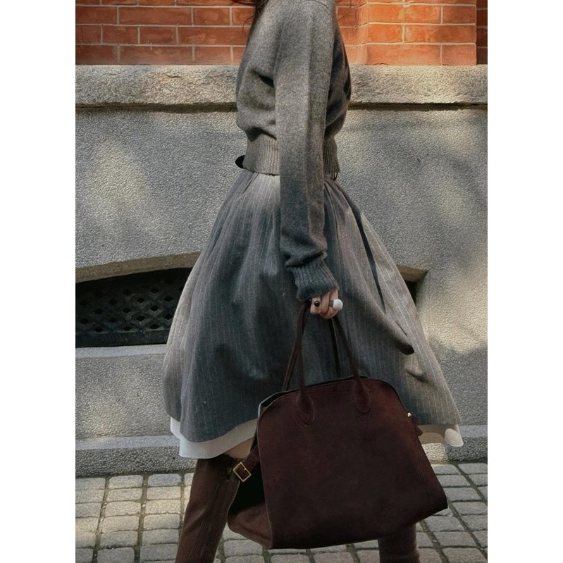 25春。法式赫本風 復古文藝撞色條紋 雙層拼接中長款高腰半身裙傘裙-Euphoria Store-細節圖5