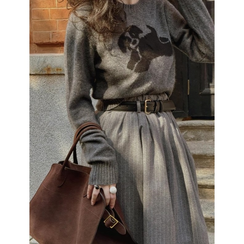 25春。法式赫本風 復古文藝撞色條紋 雙層拼接中長款高腰半身裙傘裙-Euphoria Store-細節圖6