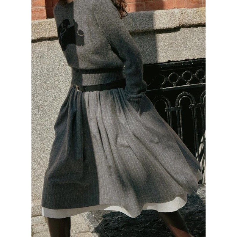 25春。法式赫本風 復古文藝撞色條紋 雙層拼接中長款高腰半身裙傘裙-Euphoria Store-細節圖7