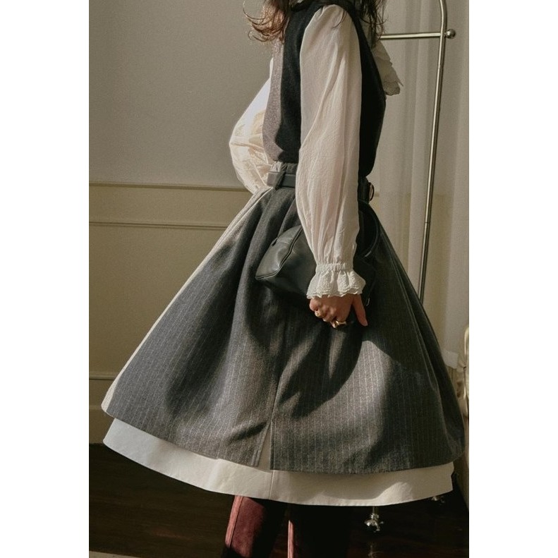 25春。法式赫本風 復古文藝撞色條紋 雙層拼接中長款高腰半身裙傘裙-Euphoria Store-細節圖8
