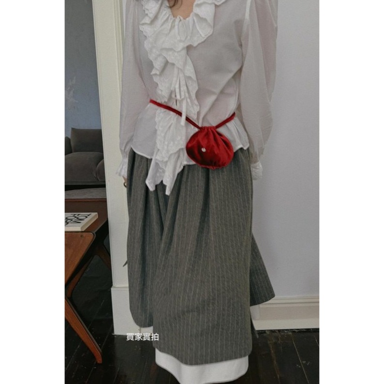 25春。法式赫本風 復古文藝撞色條紋 雙層拼接中長款高腰半身裙傘裙-Euphoria Store-細節圖9