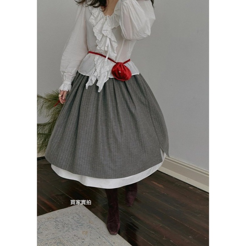 25春。法式赫本風 復古文藝撞色條紋 雙層拼接中長款高腰半身裙傘裙-Euphoria Store-細節圖10